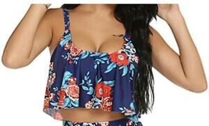 Avidlove Tankini Swim Top Womens XL Blue Floral Ruffle Overlay Padded Bra